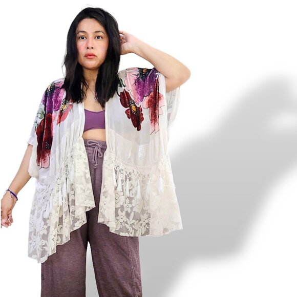 Ethos floral burnout velvet mesh fringed beaded embroidered lace trim kimono boh - Picture 2 of 9